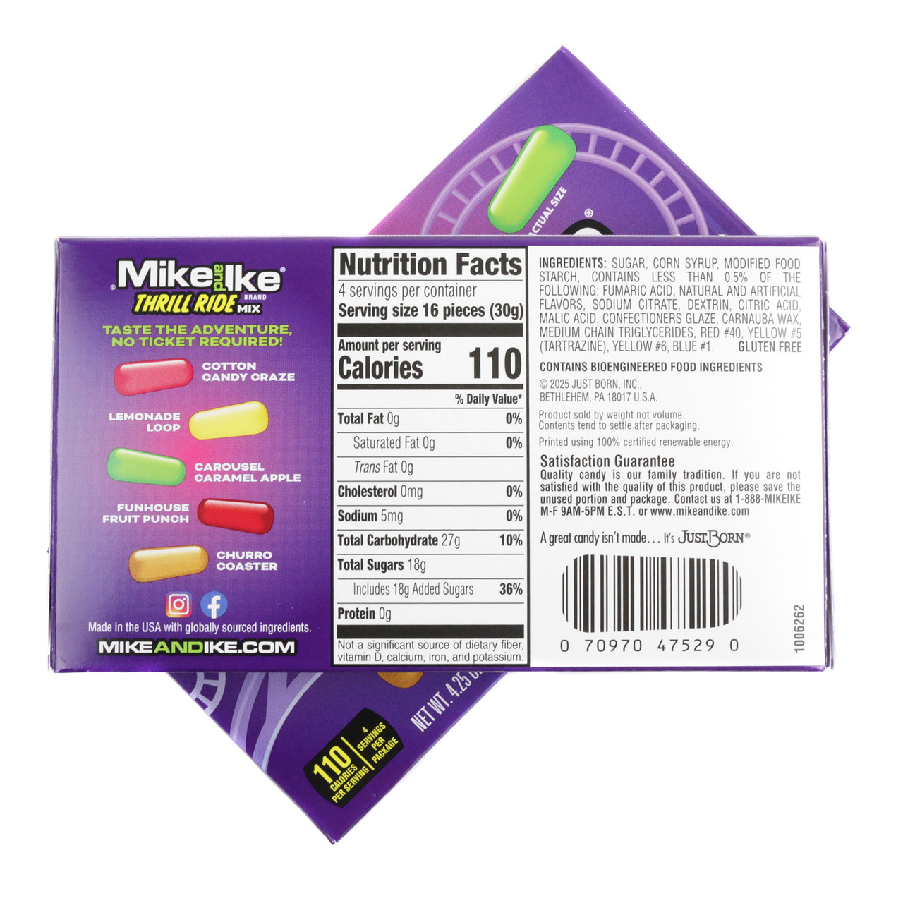 Mike and Ike Thrill Ride Mix, 12 pack theater boxes. Colorful, assorted chewy candy pieces, yellow, red, pink, green, brown.