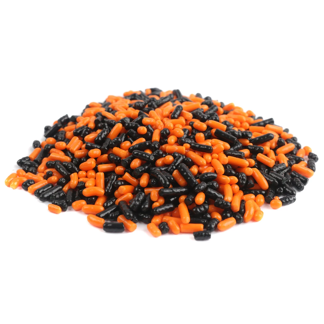 Bright orange and black Halloween sprinkles, assorted fun shapes for topping cakes, cupcakes, cookies.