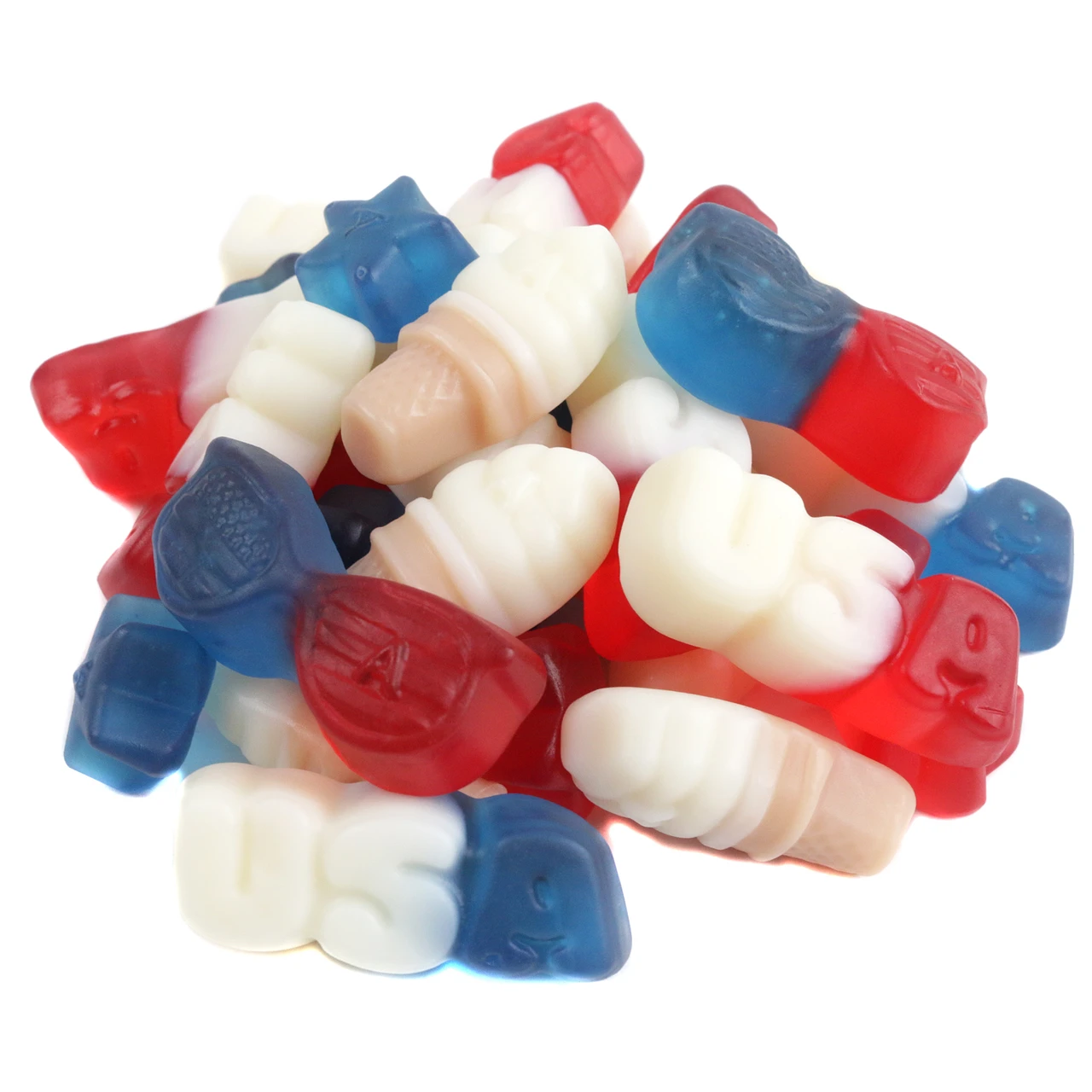 Red, white, blue Albanese US of Yay gummies, approx 75 patriotic pieces. Lemonade, Strawberry, Blue Raspberry flavors.