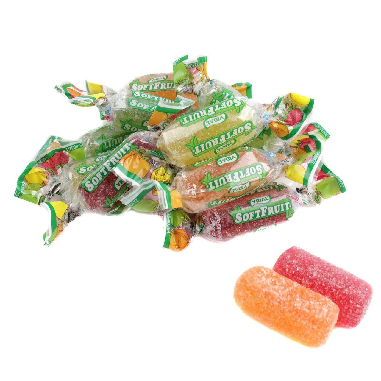 Vibrant, colorful Vidal Soft Fruit Candy gummies, lightly sugar-sanded, individually wrapped, approx. 80 pieces per pound.