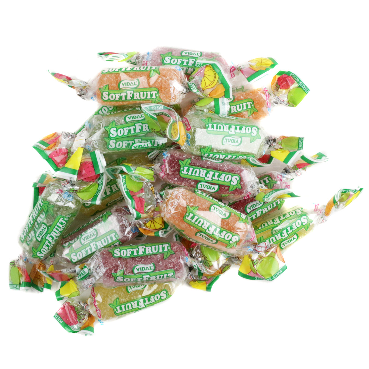 Vidal Soft Fruit Candy, individually wrapped, sugar-dusted gummies in assorted vibrant fruit shapes and colors.