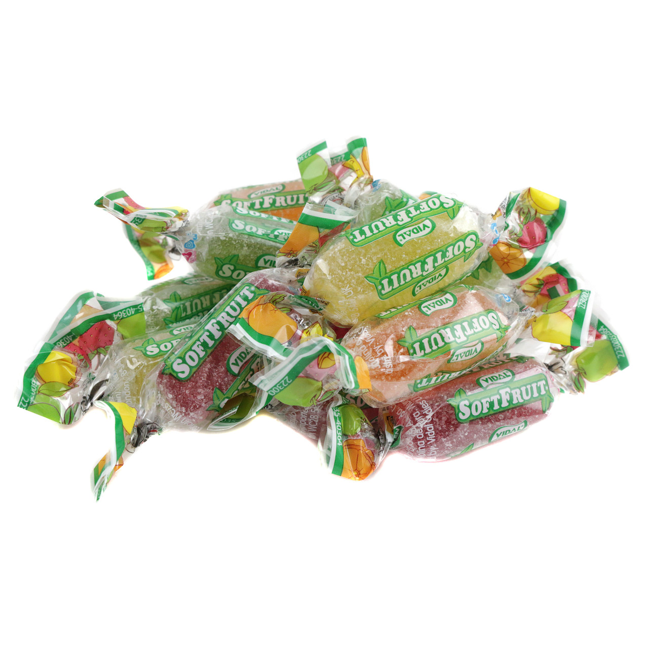 Vidal Soft Fruit Candy, colorful individually wrapped gummies, lightly sanded, approx 80 pieces per pound.