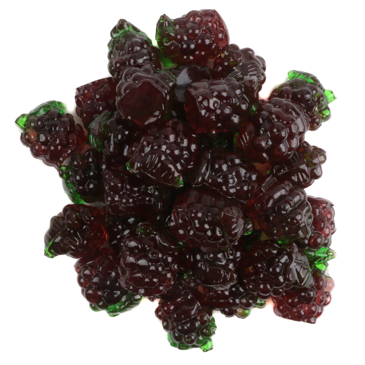 3D Gummy Grapes, plump, translucent, firm purple candy with intense grape flavor, approx 110 pieces per pound.