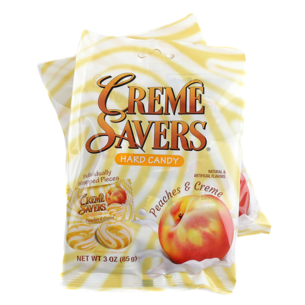 3oz bag of iconic Creme Savers Peaches & Creme hard candy, with orange, yellow, & white swirled pieces.