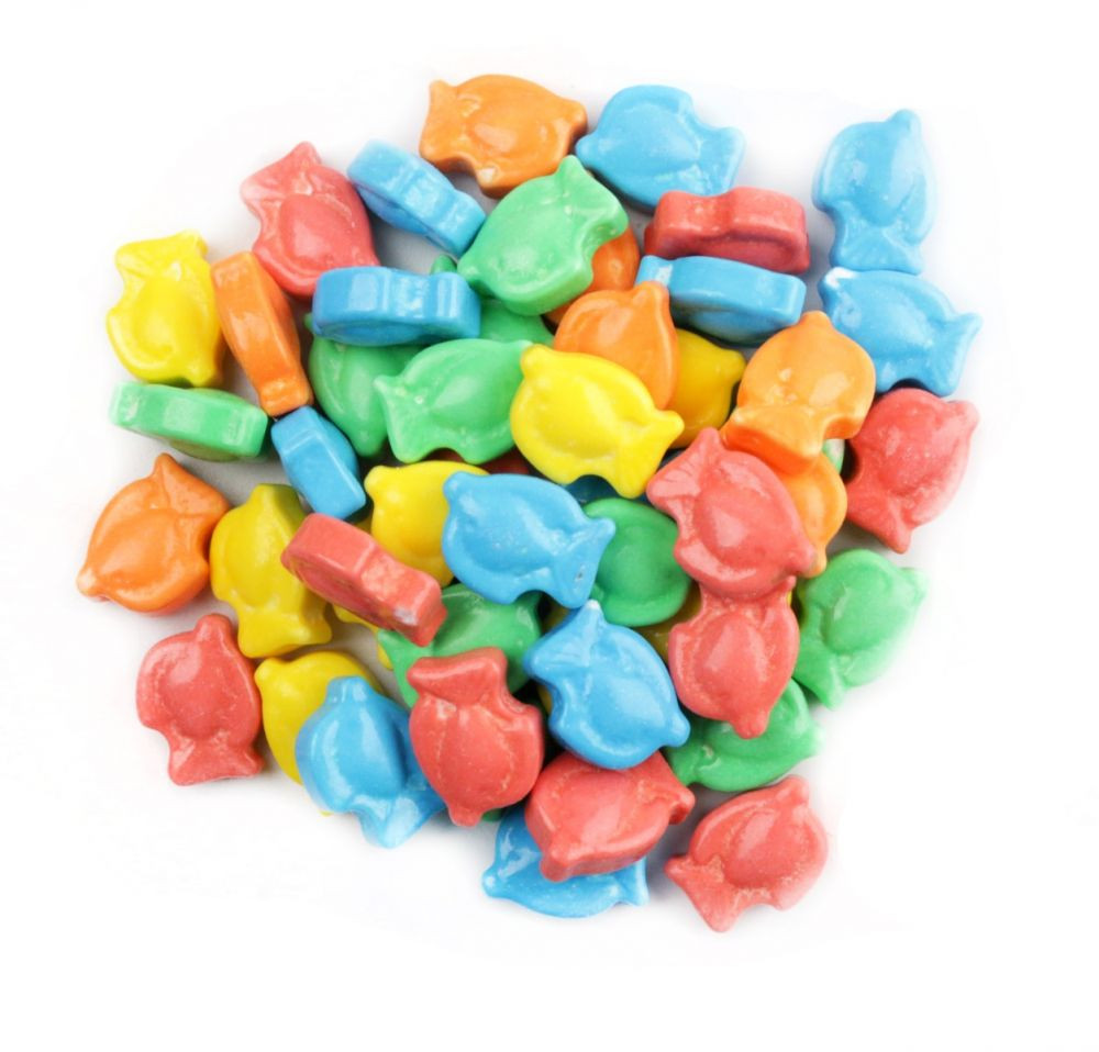 Gone Fishing fish shaped candies, vibrant orange, blue, pink, yellow, green. Concord Confections pressed candy.