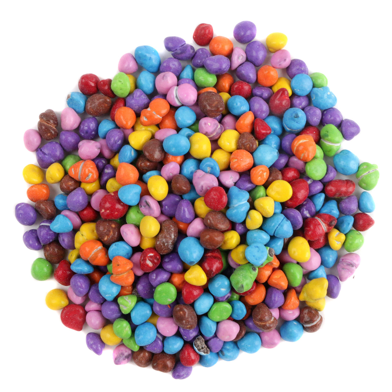 Many vibrant rainbow candy-coated chocolate chips, crisp shells, smooth chocolate centers, perfect for baking and toppings.