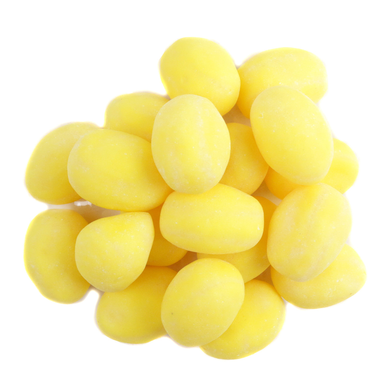 Sunrise Sanded Lemon Drops, classic yellow lemon shaped hard candies with a sugary coating, approx 96 pieces per pound.