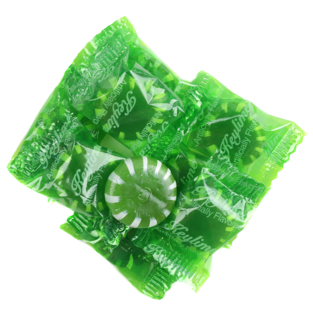 Individually wrapped green Key Lime hard candy discs, tangy citrus flavor by Sunrise.