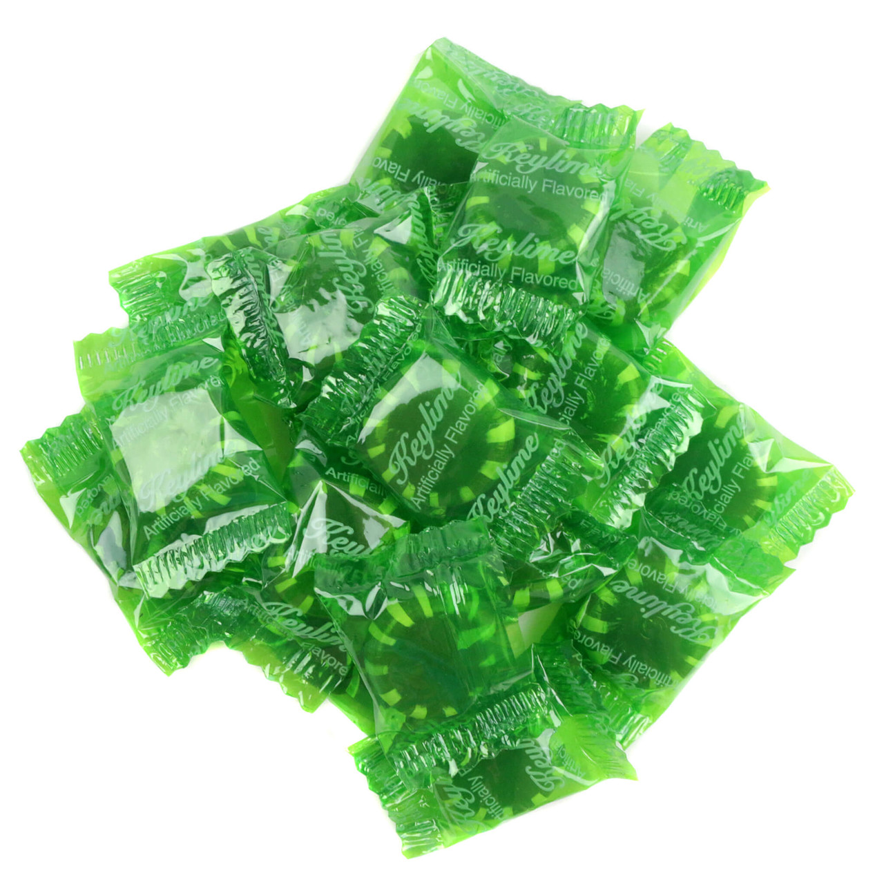 Bright green, round Key Lime hard candy discs, individually wrapped for a tangy citrus, refreshing zest.