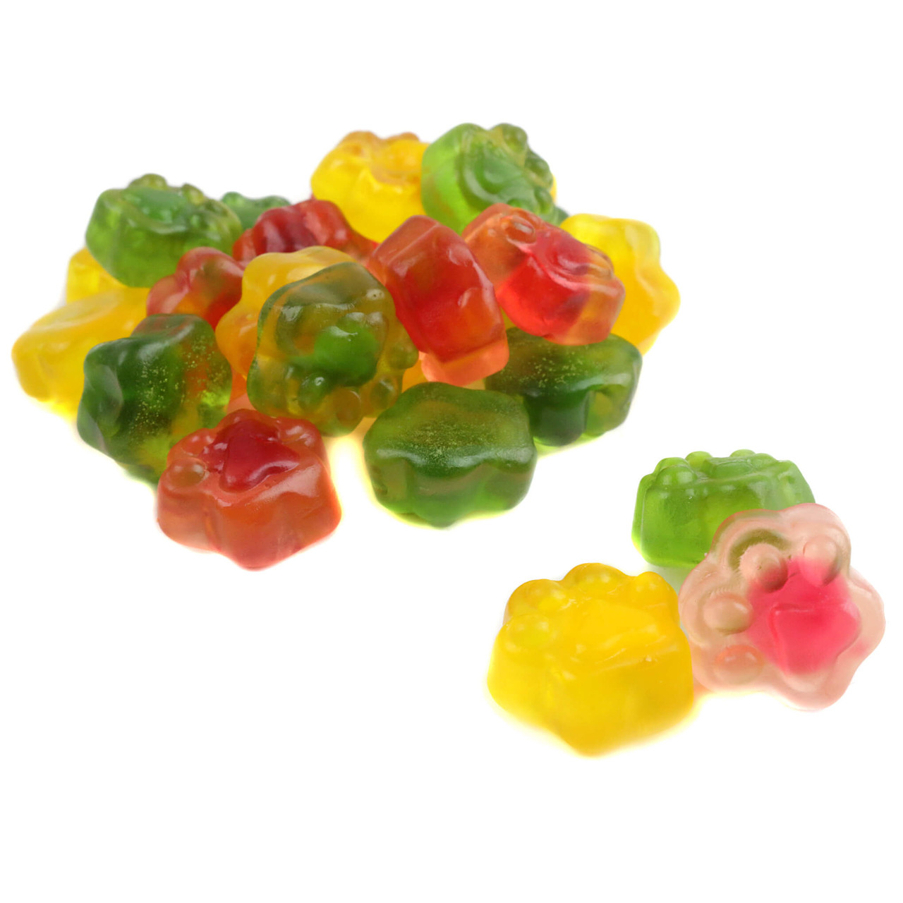 Assorted colorful Gummy Filled Kitty Paws, paw-shaped, with liquid centers, in orange, lime, and cherry flavors.