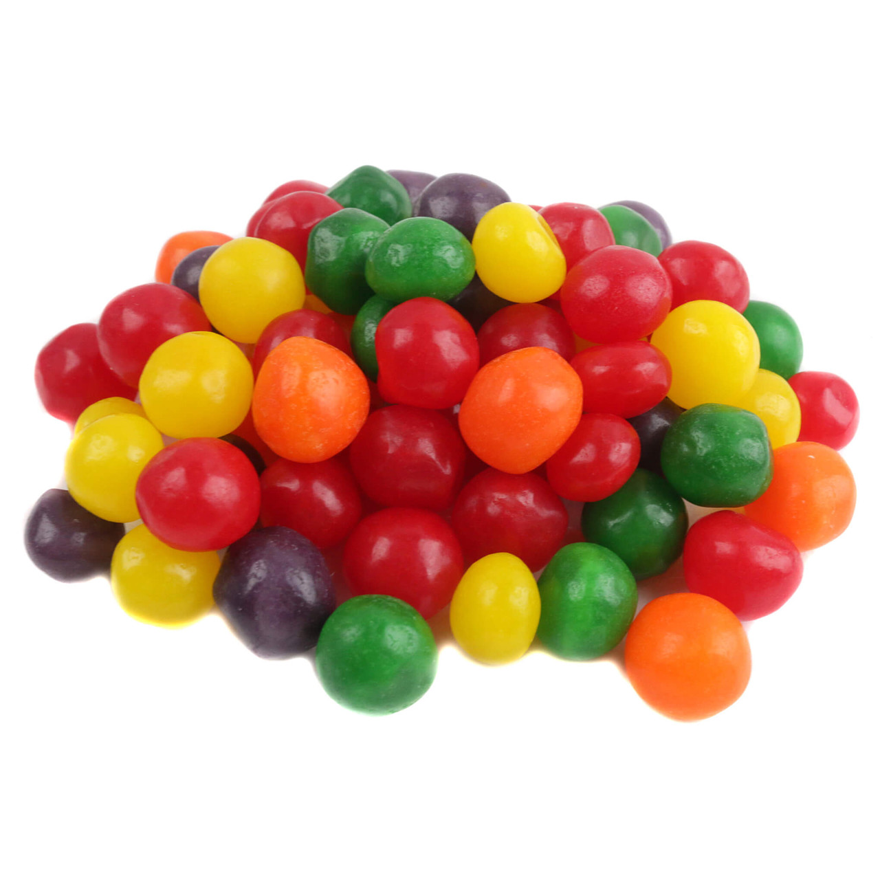 colorful mix of Sunrise Assorted Fruit Sours candy, showing the bright red, green, yellow, orange, and purple pieces