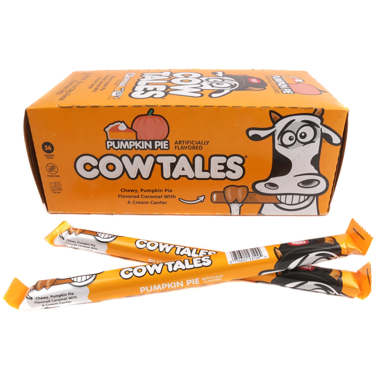 An individually wrapped 1-ounce Pumpkin Pie flavor Cow Tales candy stick highlighting the festive orange fall packaging