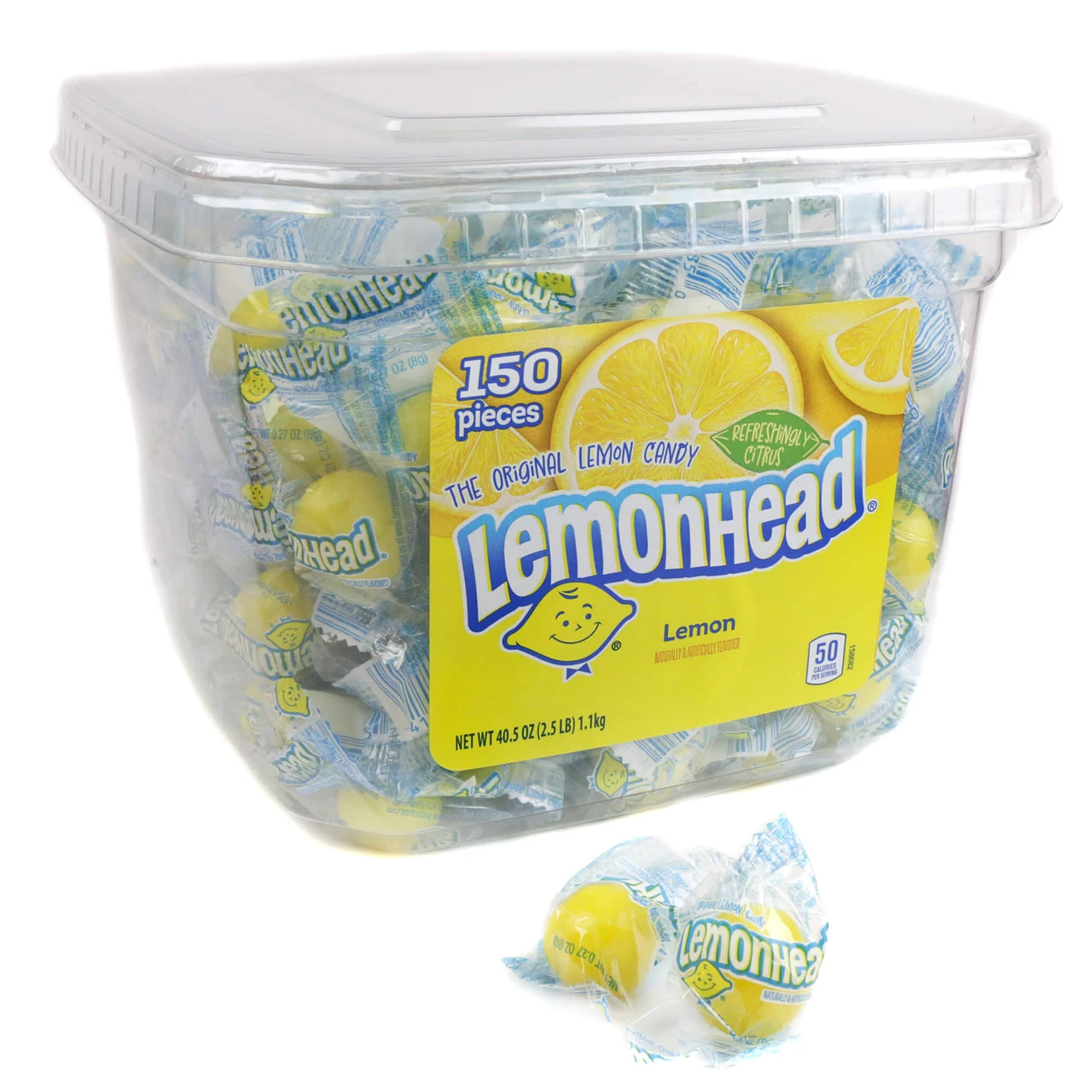 Ferrara Lemonheads hard candy 40.5-ounce clear plastic storage tub containing 150 individually wrapped yellow sour lemon candies