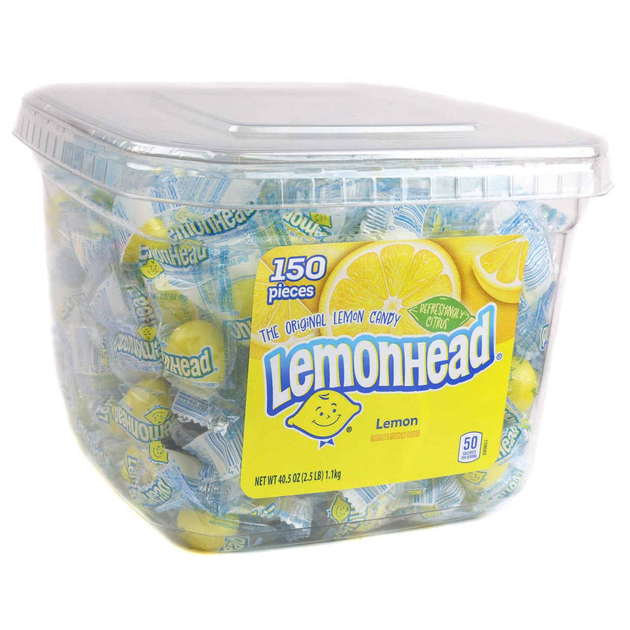 An individually wrapped Lemonhead candy highlighting the classic yellow twist-wrap packaging with the retro red and white Lemonhead mascot logo