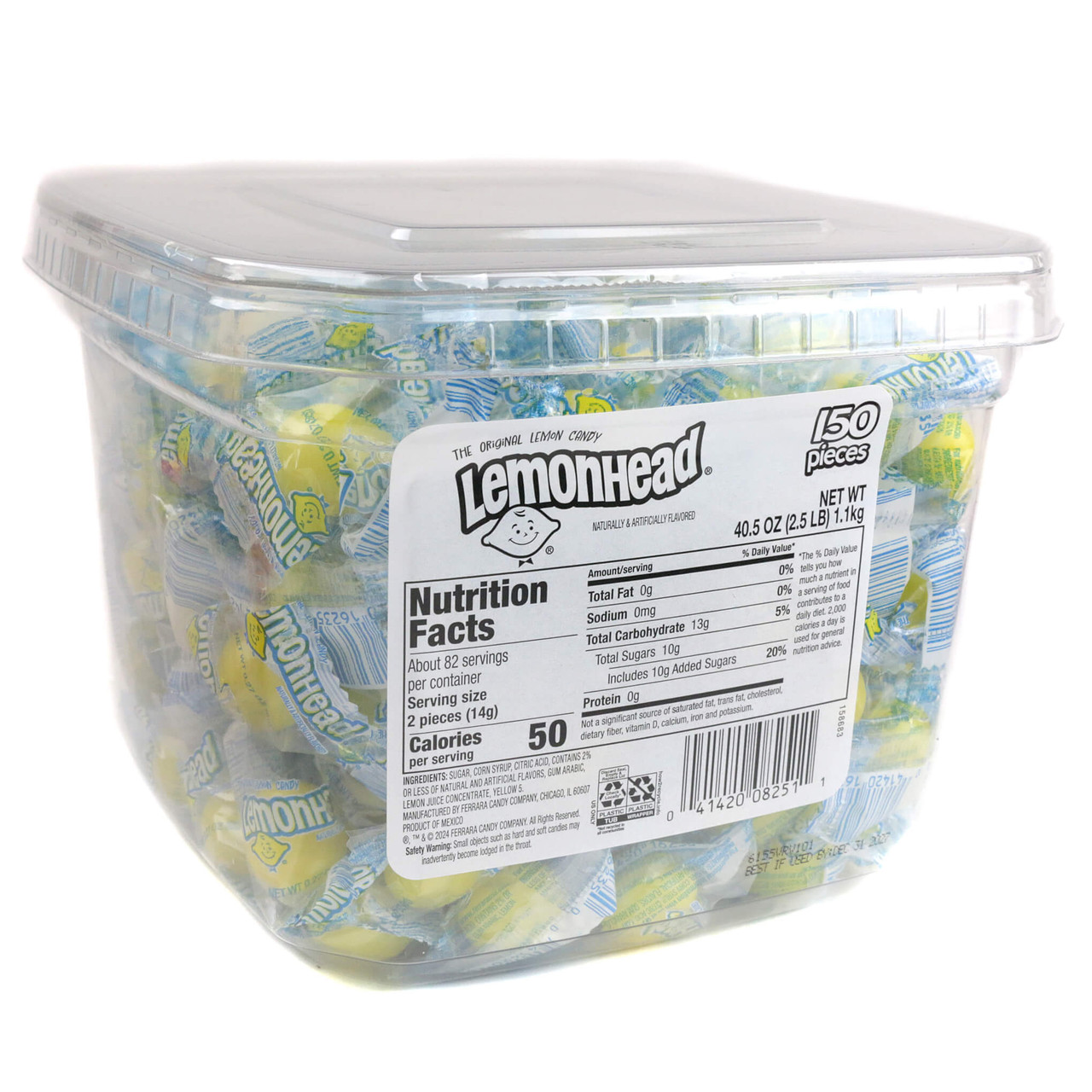 The back of a Lemonheads Candy 40.5-ounce tub showing the printed Nutrition Facts panel, ingredients list, allergen warnings, and serving size details