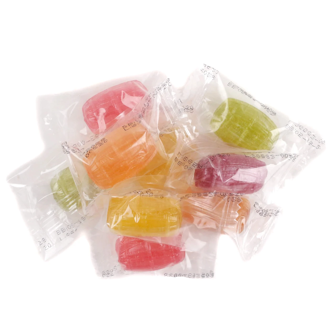 A bulk pile of colorful, individually wrapped Roses Brands Natural Assorted Flavor Barrel hard candies in clear twist-wrappers