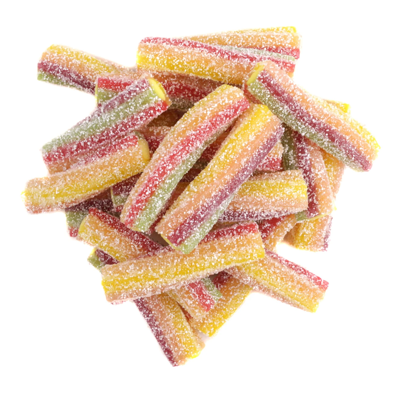 Bulk Fini Sour Rainbow Twister Licorice Bites featuring vibrant, sugar-dusted striped candy pieces