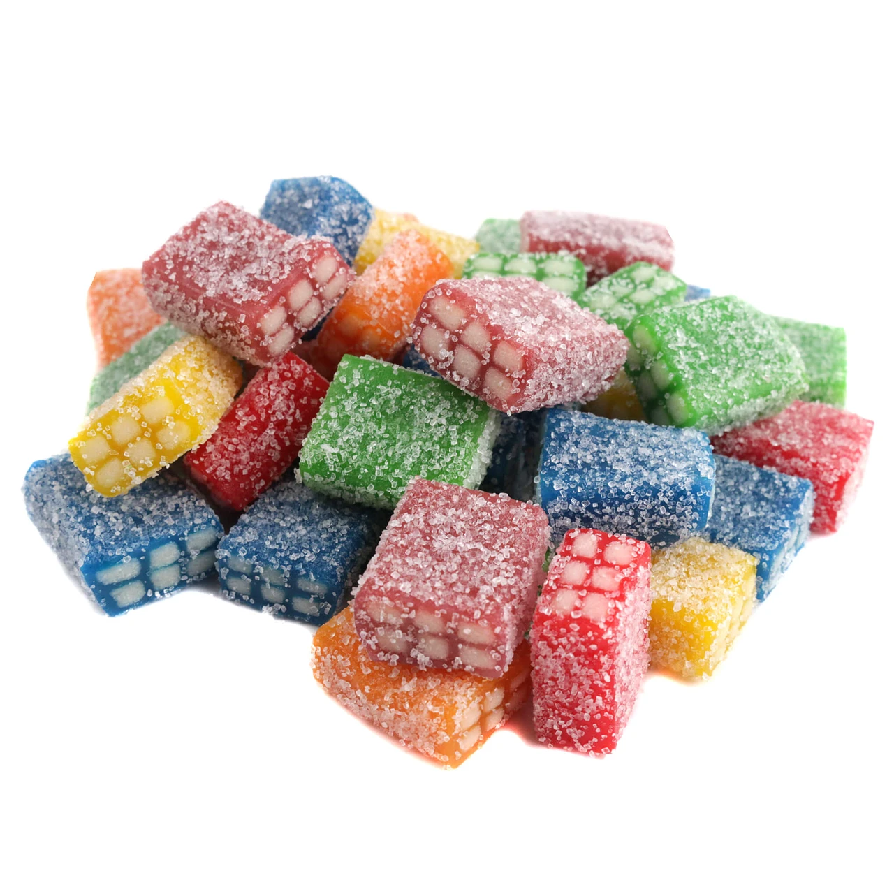 ile of multi-colored Fini Sour Licorice Bricks showcasing the thick layer of coarse sour sugar crystals on the chewy candy exterior