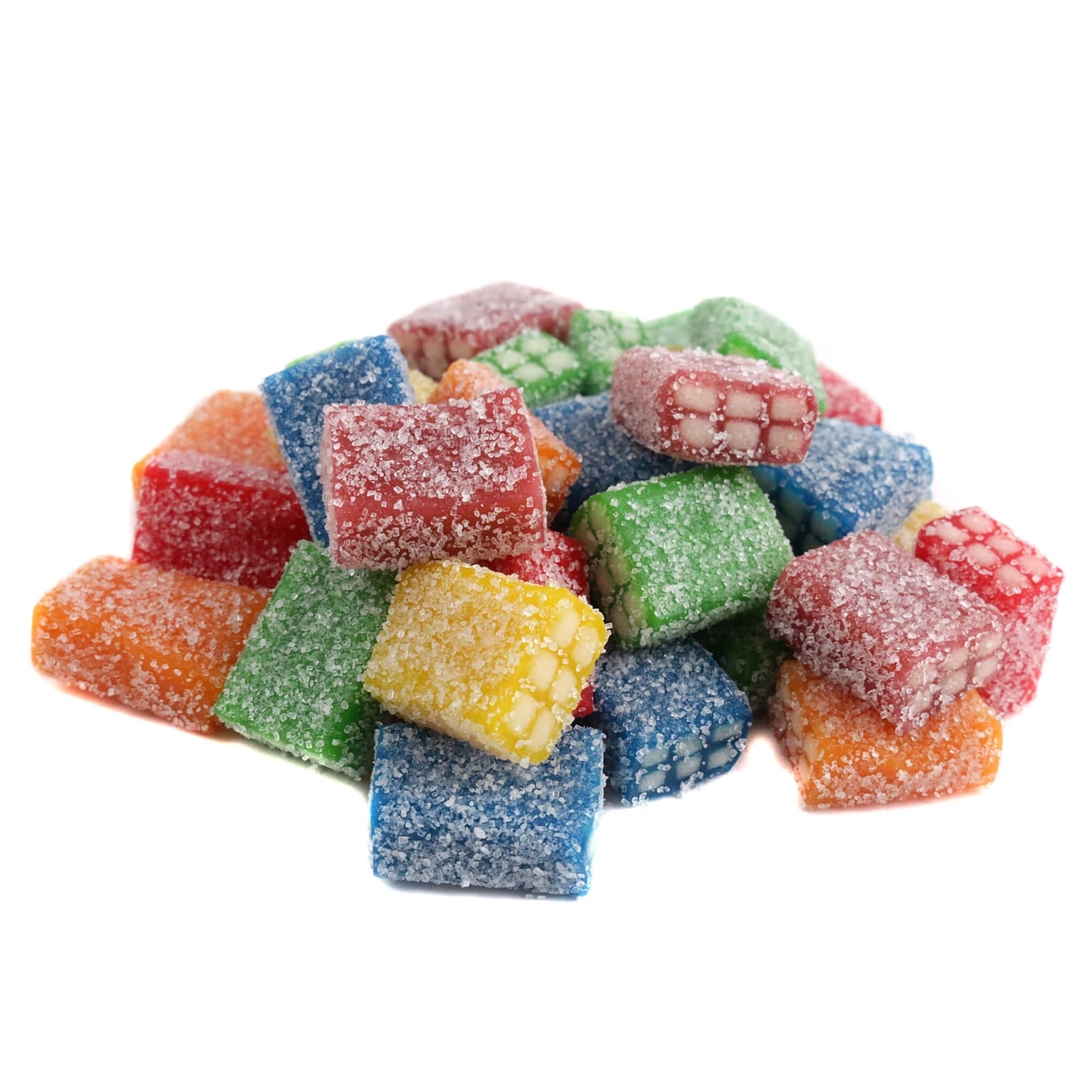 Fini Extra Sour Licorice Bricks showing the rectangular, multi-colored brick candy pieces dusted in sour sugar