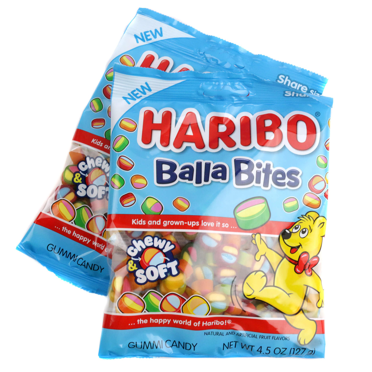 Bite-sized Haribo Balla Bites  colorful chewy outer coatings in red, green, and yellow