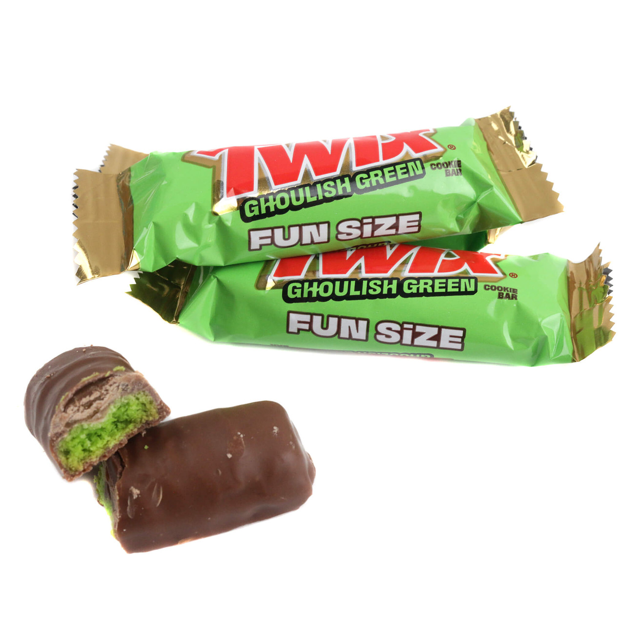 Twix Ghoulish Green Fun Size candy bar with green Halloween-themed packaging