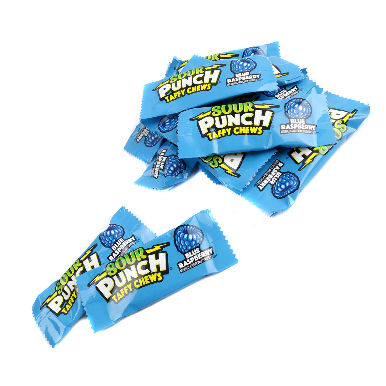 Individually wrapped blue raspberry Sour Punch Chews grouped together for bulk candy ordering.