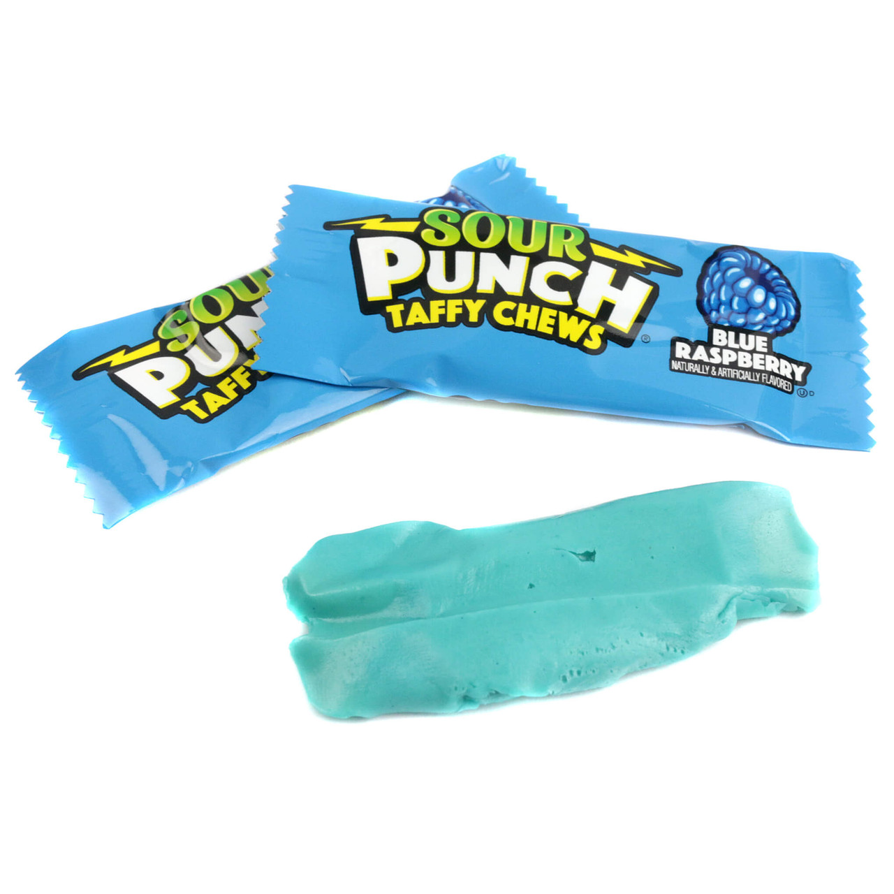 Single unwrapped blue raspberry Sour Punch Chew candy next to its individual wrapper showing the chewy texture.