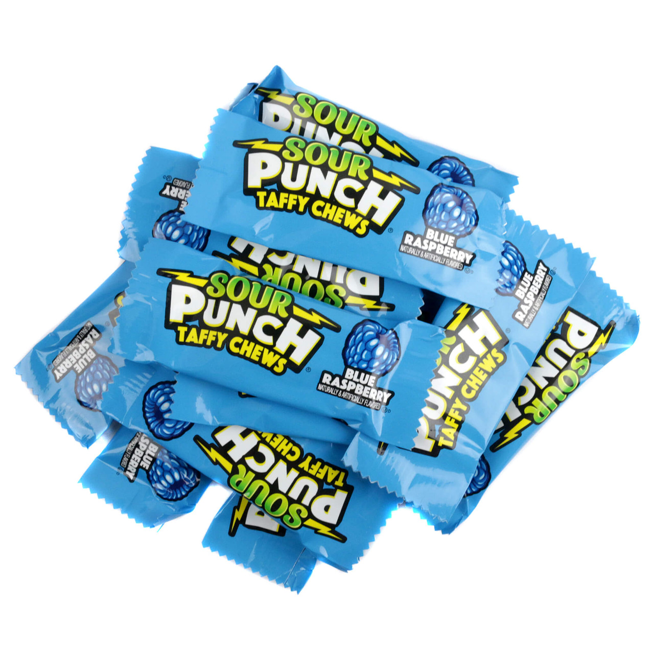 Bulk pile of individually wrapped bright blue Sour Punch Chews in sour blue raspberry flavor.
