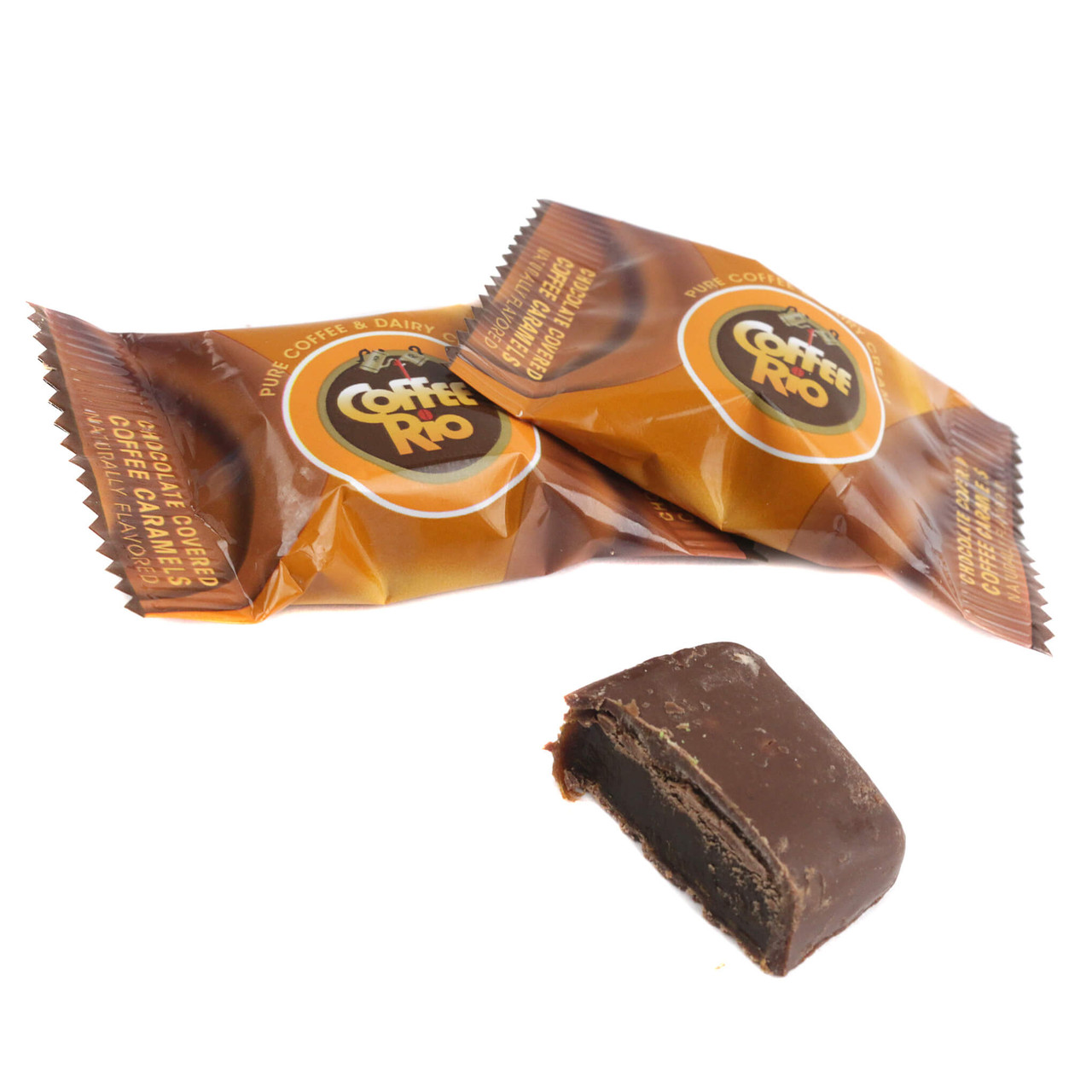 Unwrap a Coffee Rio chocolate covered coffee caramel candy, showing the glossy chocolate shell and rich espresso center