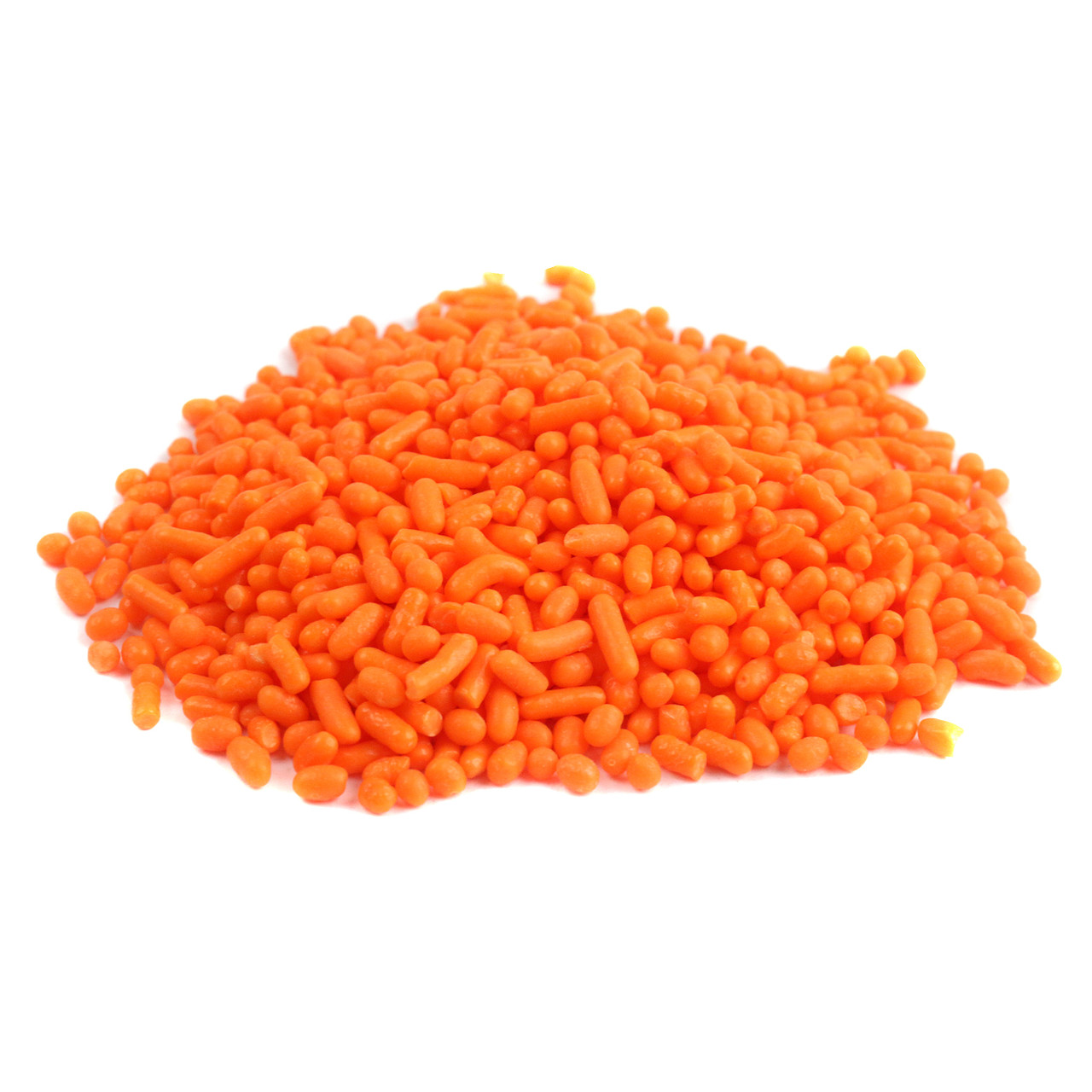 Bright orange candy sprinkles, perfect for Halloween cookies, cakes, and spooky dessert toppings.