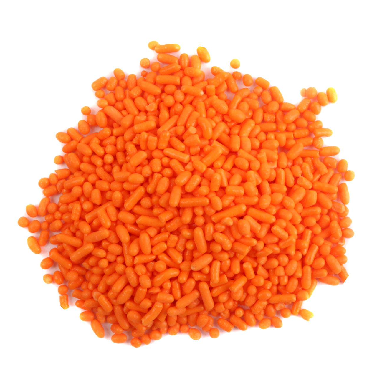 Orange candy sprinkles for Halloween cookies, cakes, and spooky dessert toppings.