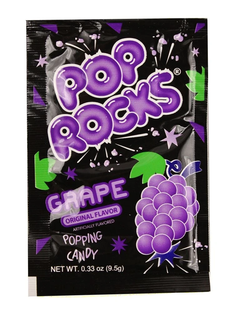 Vibrant purple Pop Rocks Grape candy, 24 count individual packs, iconic popping sensation, intense sweet grape flavor.