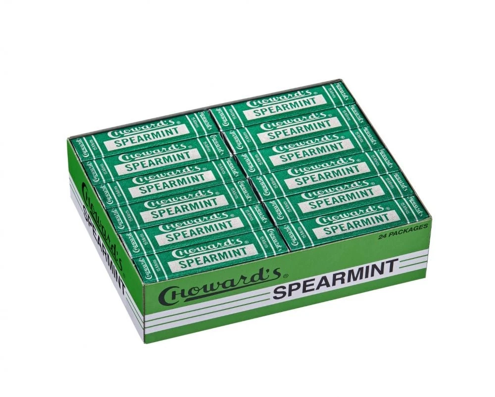 Chowards Spearmint Mints 24-pack, 15 green square pieces each. Nostalgic USA candy.