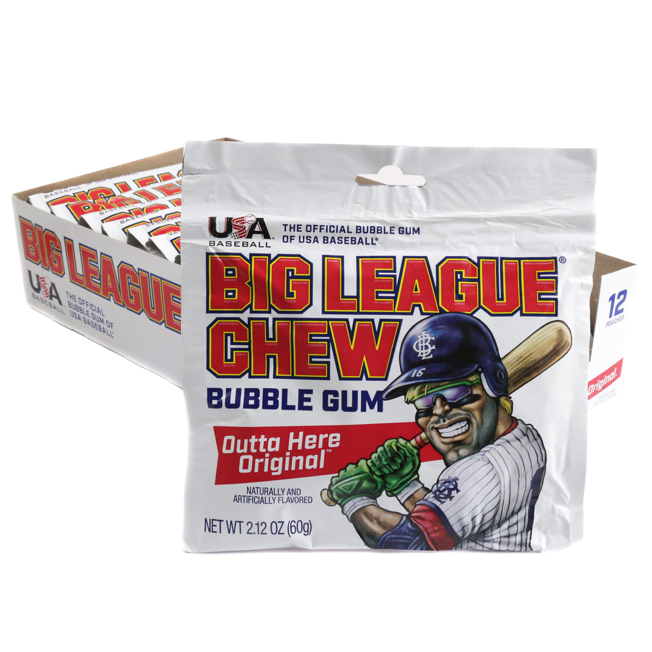 Big League Chew Outta' Here Original shredded pink bubble gum in red pouch, classic nostalgic baseball candy.