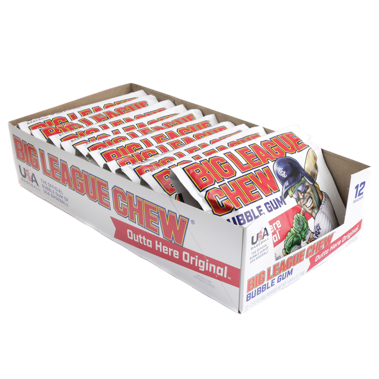 Big League Chew Outta' Here Original shredded pink bubble gum in a pouch, nostalgic baseball candy.