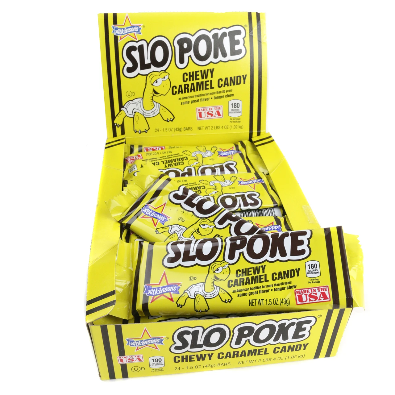 Slo Poke Caramel Candy 24 pack, classic, rich, creamy, golden brown bars.