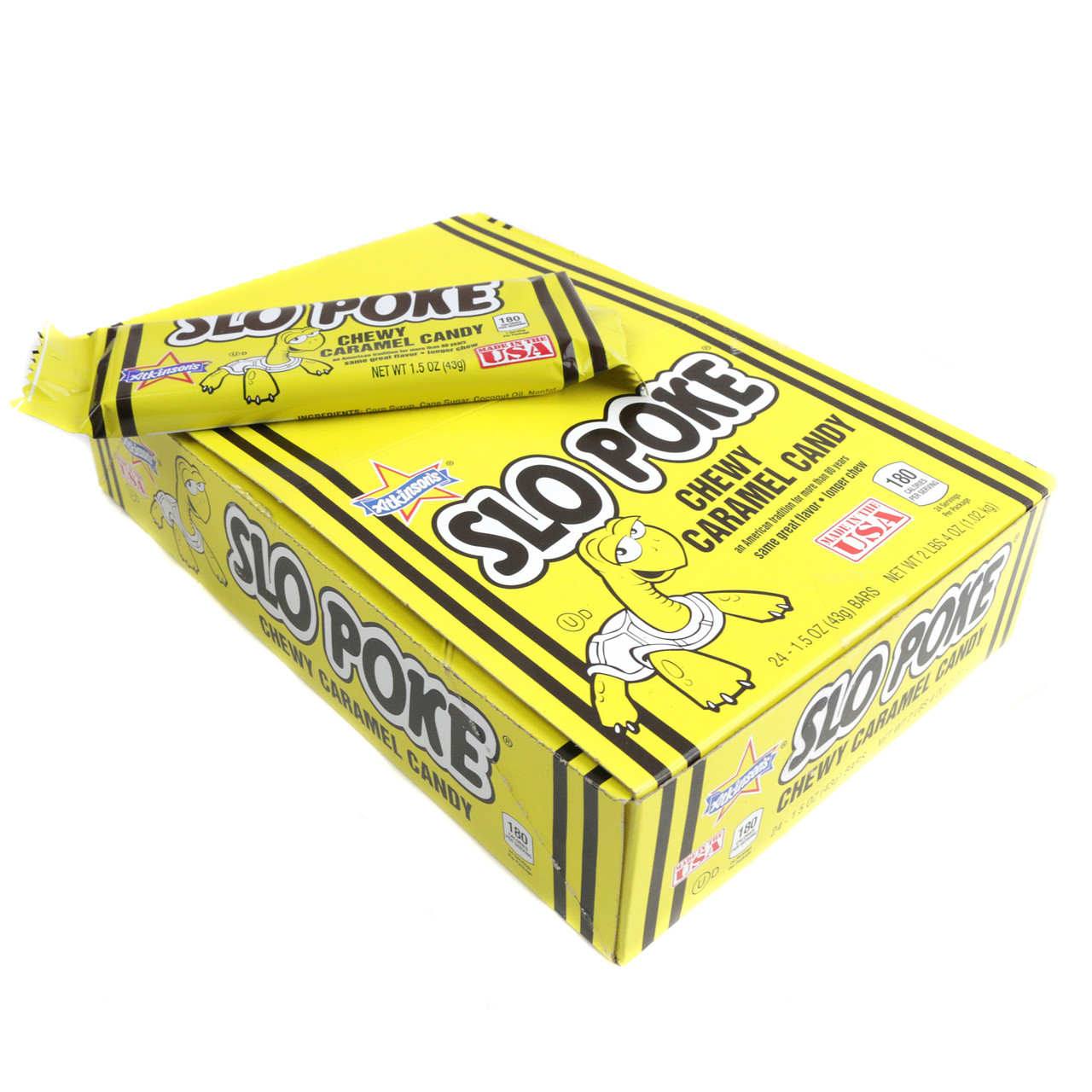 24 pack of old-fashioned Slo Poke Caramel Candy bars. Rich, creamy, golden-brown, individually wrapped.