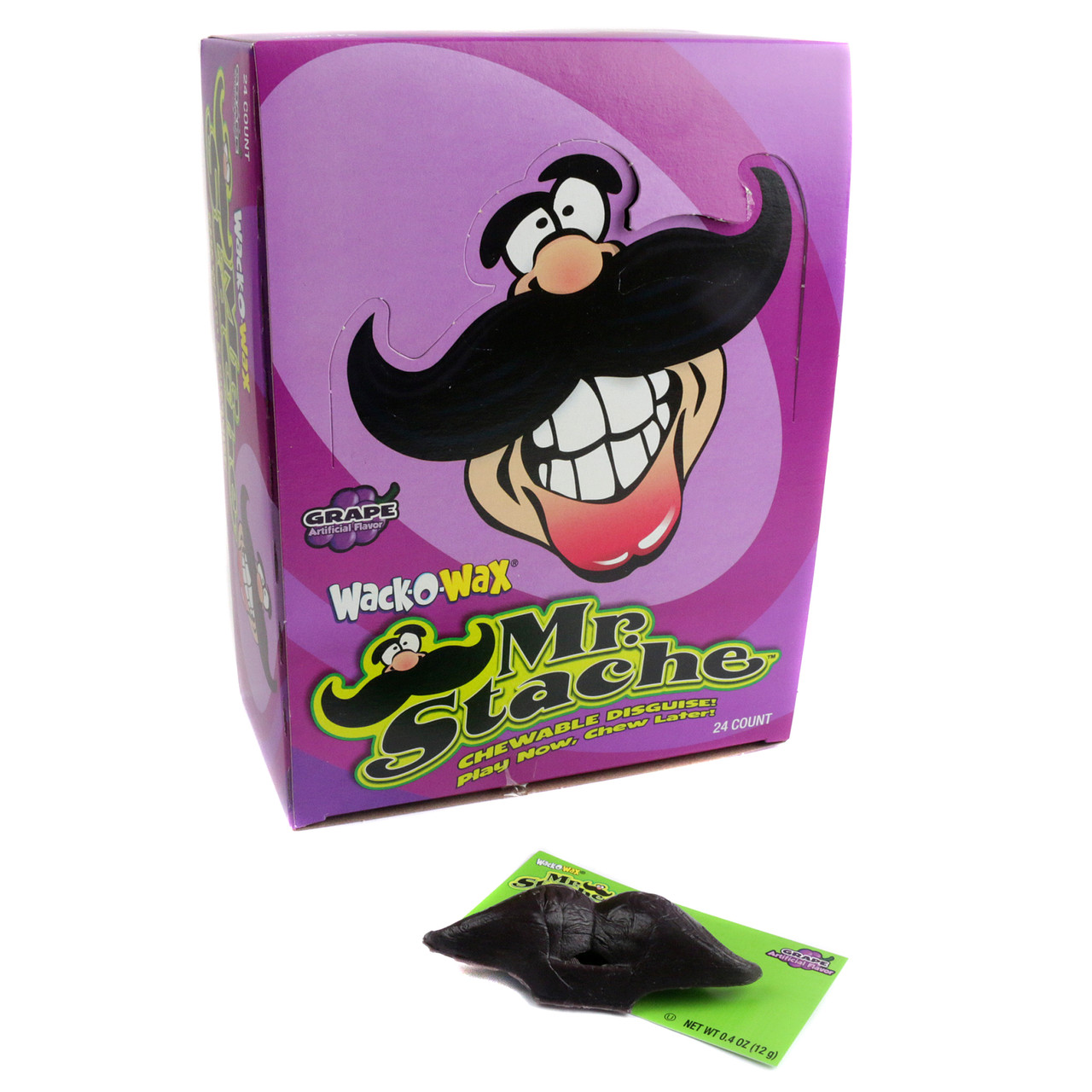 24 black grape Wack-O Wax Mustache Candy, fun old-fashioned retro novelty wax mustaches for playing, chewing.