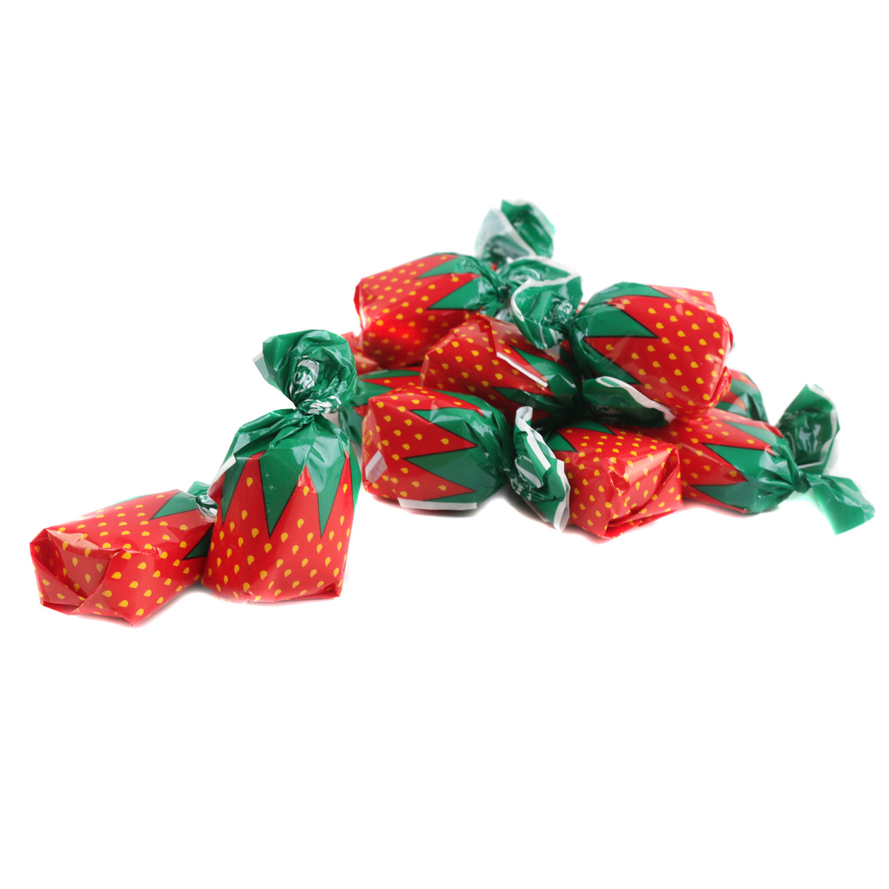 Strawberry Filled Bon Bons, red hard candy, approximately 60 pieces per pound, individually wrapped bulk candy.