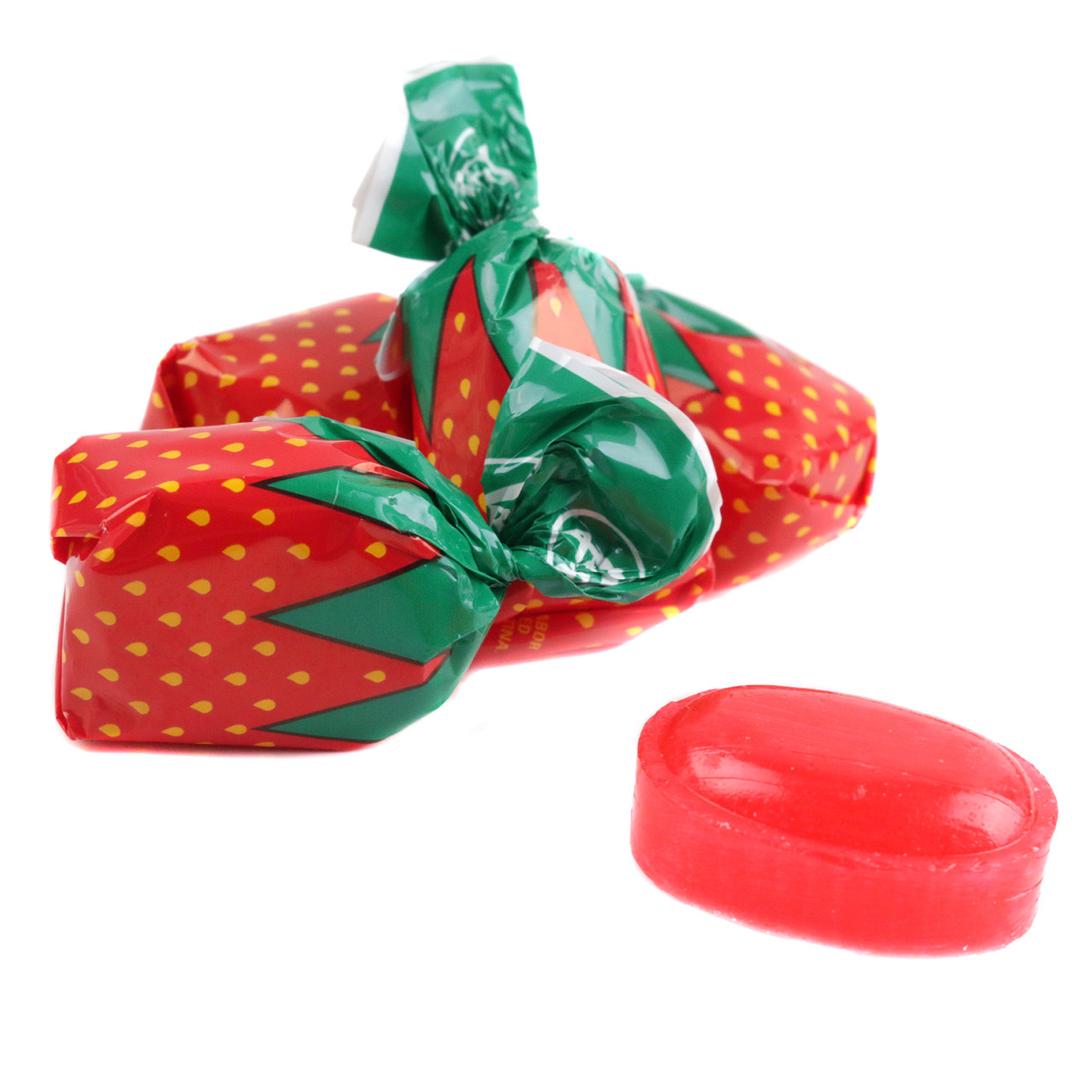 Red strawberry filled hard bon bons, individually wrapped, approximately 60 pieces per pound. Creamy strawberry filling.