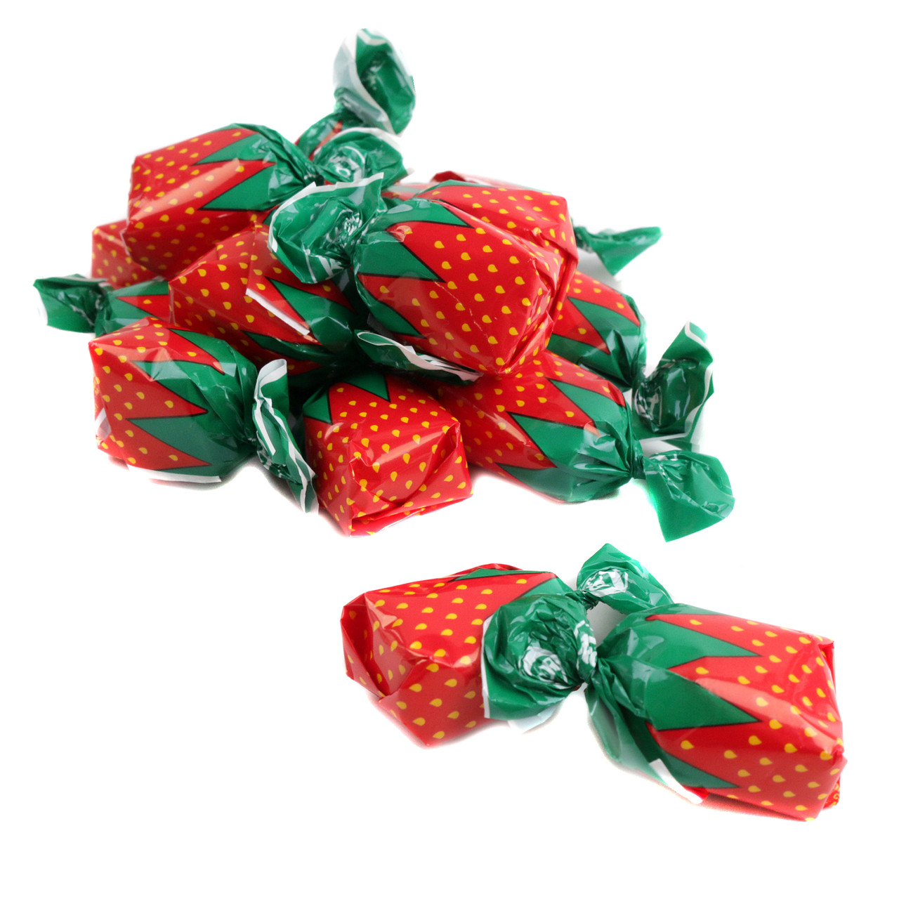 Red strawberry filled bon bons, hard candy, individually wrapped, approx. 60 pieces per pound.