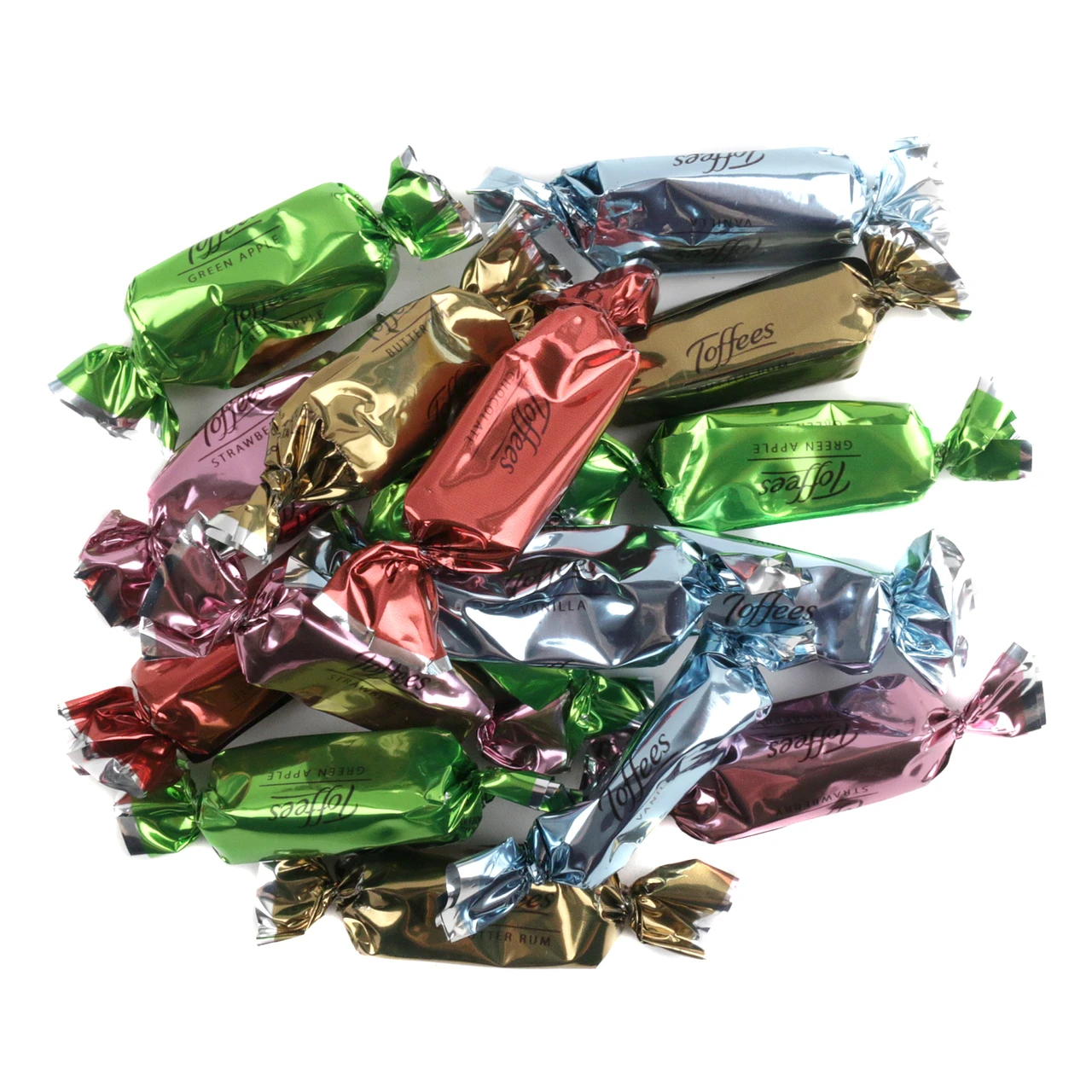 Assorted soft creamy toffee, bright assorted foil, chocolate, vanilla, strawberry, rum, green apple, approx 66 pieces per lb.