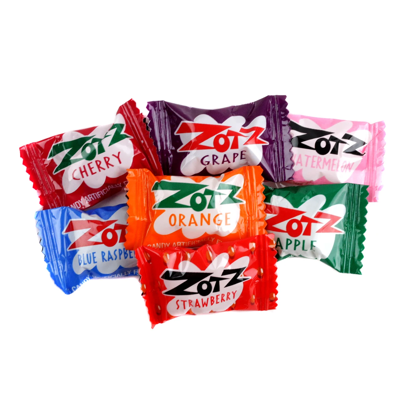 Bulk Zotz assorted hard candy, sweet & sour fizzy. Approx 84 multi-colored pieces per pound: blue, cherry, apple, grape.