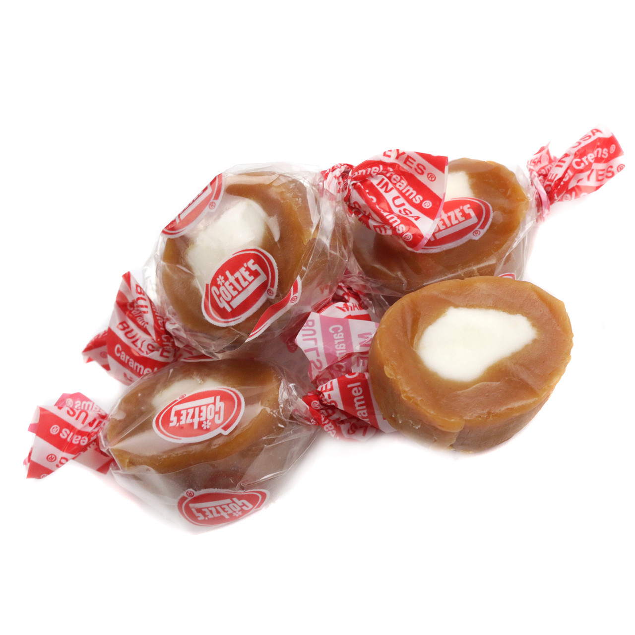 Goetze's Bulls Eye Caramel Creams, approximately 40 pieces, with a white vanilla cream center and chewy caramel exterior.