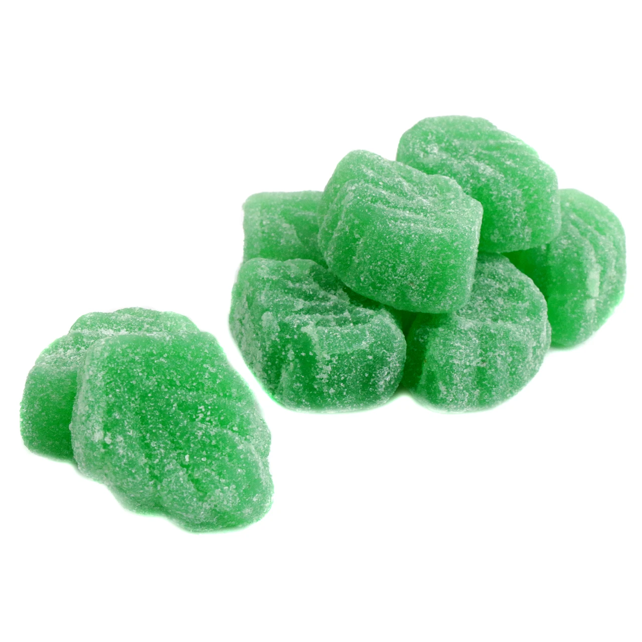 Green sugar-coated Spearmint Leaves jelly candy, sweet spearmint flavor. Approx 32 Christmas candies per pound.
