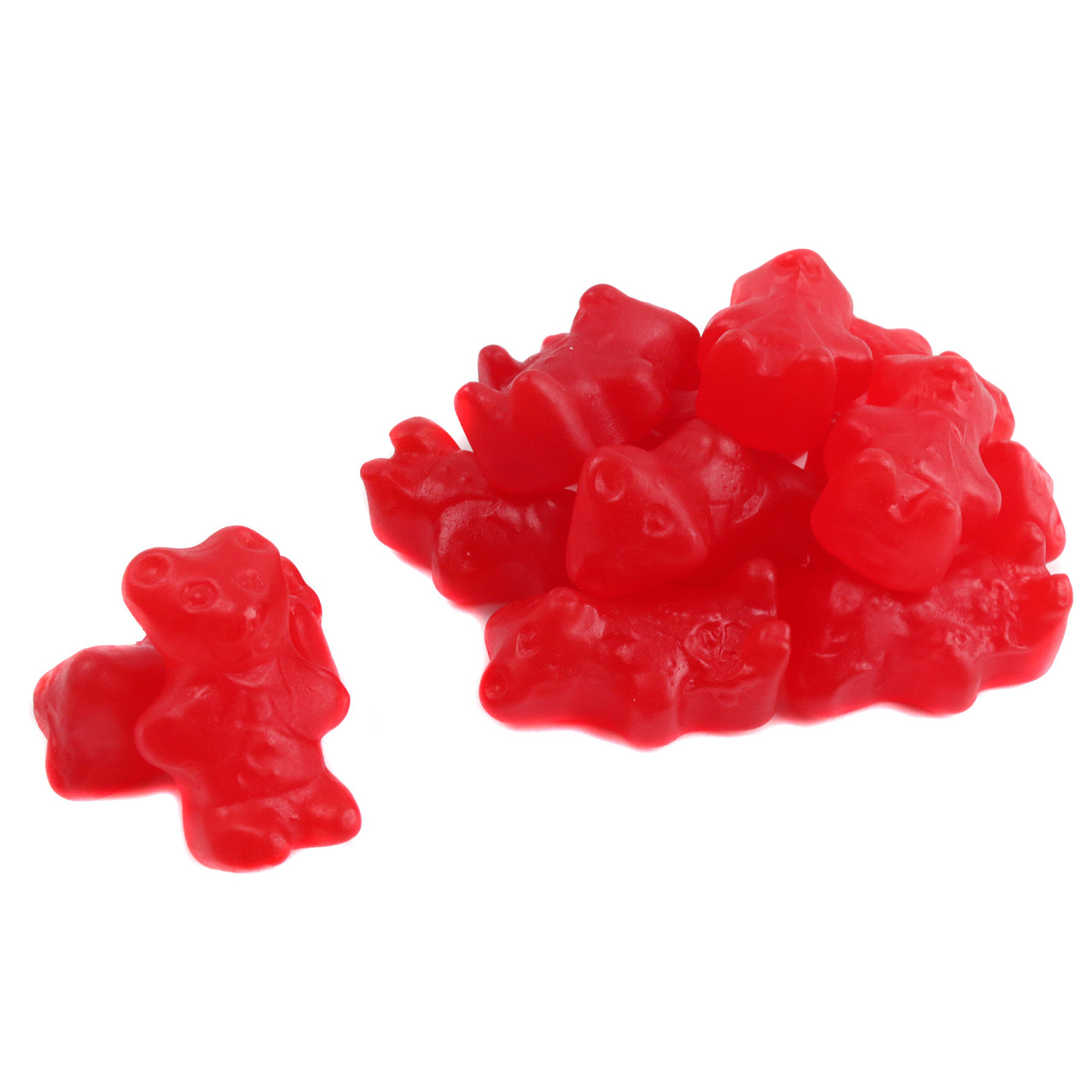 Large, vibrant red cinnamon bears. Chewy 1-inch jelly candies with warm spicy flavor, approx 50 per pound.