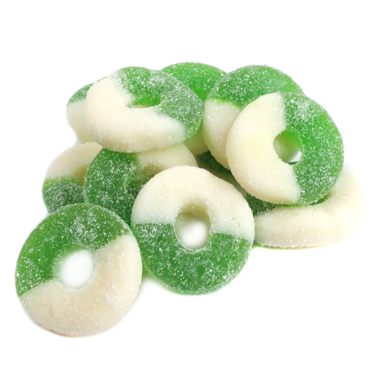 Albanese Gummy Apple Rings, green and white, sugar-coated, with delicious apple flavor. Approx 65 rings per pound.