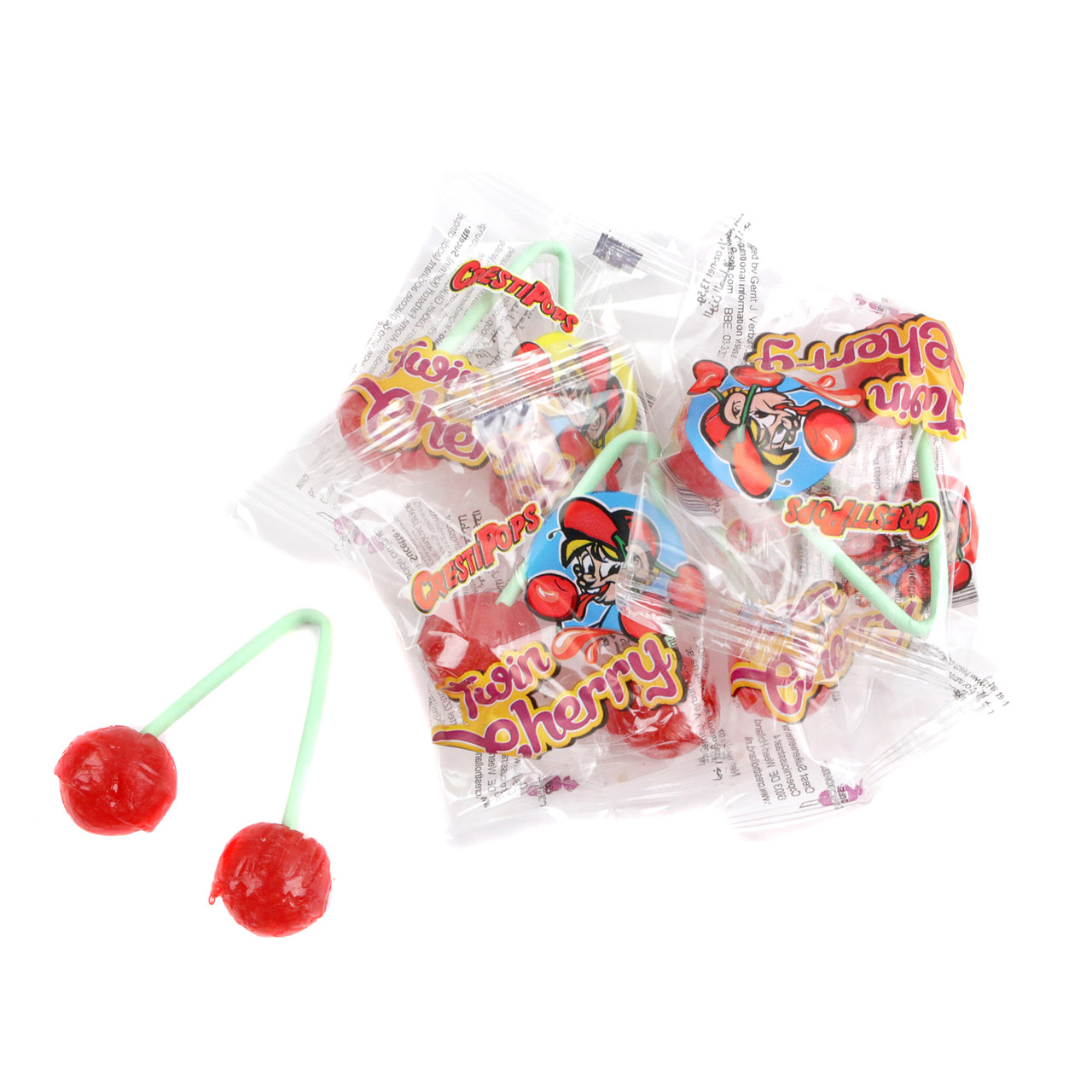 1LB bag of vibrant red Twin Cherry Lollipops, approximately 30 individually wrapped cherry-flavored pops.