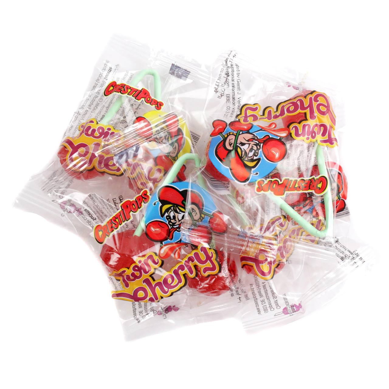 Vibrant red Twin Cherry Lollipops, 1LB bag, approximately 30 individually wrapped, two cherry flavors combined.