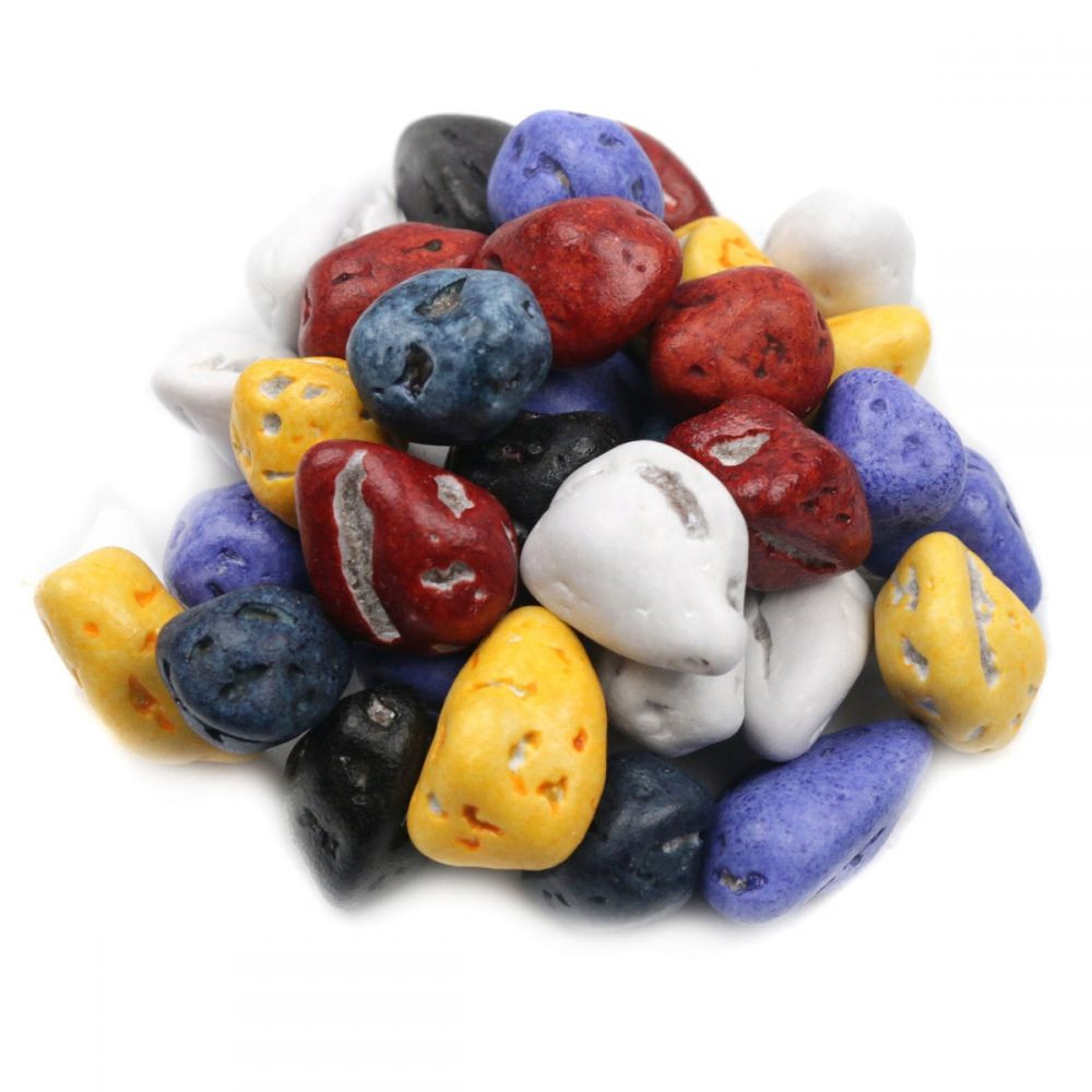 Assorted irregular chocolate rocks, candy-coated with premium milk chocolate inside, natural rock colors.